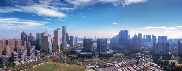 Aerial photo of the street view of Hangzhou Qiantang River Financial Center..