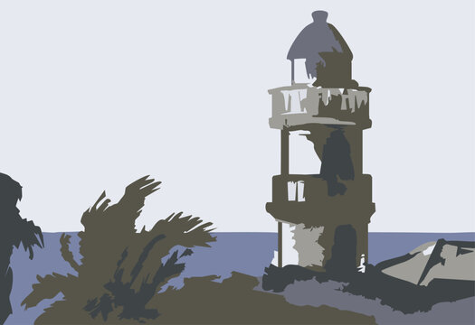 Background image with a lighthouse in Calella city, Catalonia, Spain. Hand made  sketch