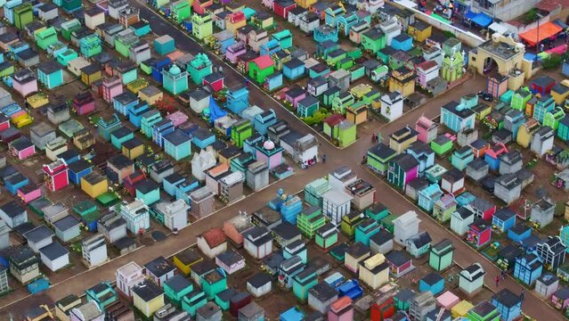 Colorful Tombs At The Cemetery at Sumpango Guatemala, aerial