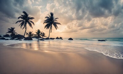 Fototapeta na wymiar Tropical paradise: Beach, palms, and sea view