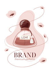 Trendy vector advertising banner template. Elegant red cartoon women perfume bottle, packaging or flyer design.