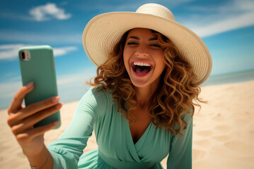 Fototapeta premium Young beautiful attractive woman holding camera and taking selfie picture at the beach, enjoying outdoors free time