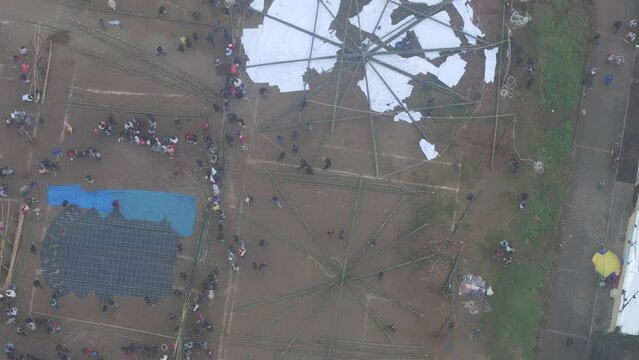 Big kite frames almost ready for the colorfull paper at All Saint's Day In Sumpango, aerial