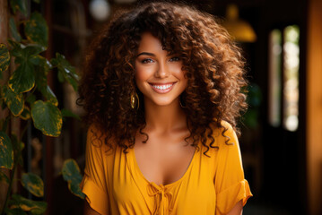 Young happy Afro-American woman with curls in a yellow blouse at home