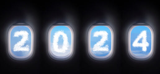 cloud 2024 outside the plane window, four airplane windows open white window shutter wide with blue sky view and white cloud in 2024 shape