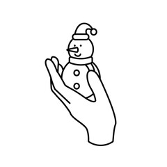 Hand holding snowman. Christmas design element. Cute snowman in hat and scarf. Great for stickers, print, mobile app, web. Vector illustration in linear style