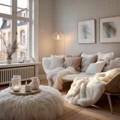 Spacious living room in scandinavian style with a sofa and a window