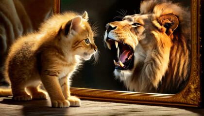 Face to face between a kitten and a lion roaring. Close-up of a cute kitten looking in the mirror, in the mirror the head of a roaring lion. - obrazy, fototapety, plakaty