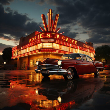 Stylish 1950s car and cinema on background