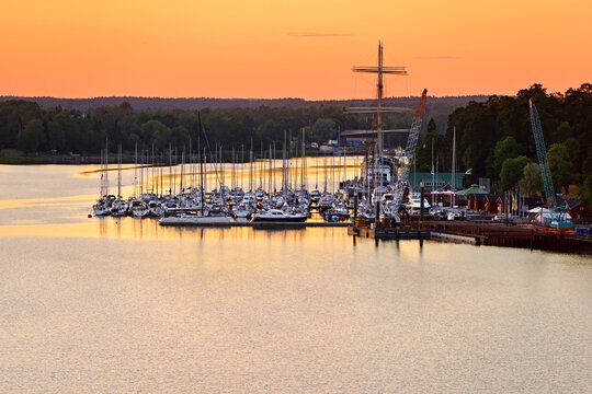 Yachts in port. Sunset on Aland Islands. Finland