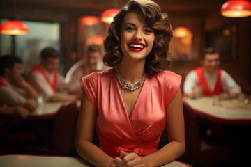 Portrait of beautiful woman in 1950s diner
