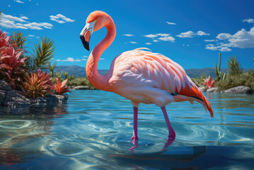 Pink flamingo standing in the water