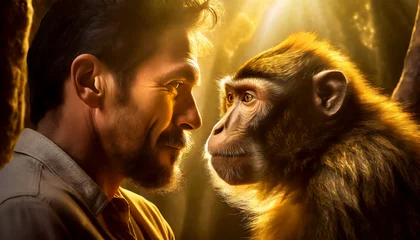 Foto auf Alu-Dibond Face to face between a monkey and a man. Close-up of a man with a beard and mustache and a monkey, seen in profile looking at each other and comparing. © Alberto Masnovo