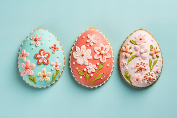Fototapeta na wymiar three egg shaped decorated gingerbreads on a pastel background, Easter sweets in vibrant pink, green and coral pastel colors, flat lay