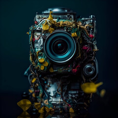Vintage photo camera in the form of a robot on a dark background