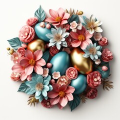A wreath made of paper flowers and eggs. Easter decorations.