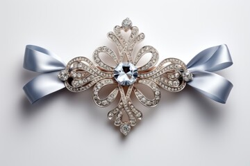 A brooch with a blue ribbon and a bow. - obrazy, fototapety, plakaty