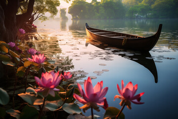 Obraz premium wooden boat on a lake with blooming pink lotuses
