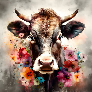 Cow with flowers on a grunge background. Digital watercolor painting.