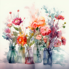 Watercolor bouquet of flowers in vases on a white background