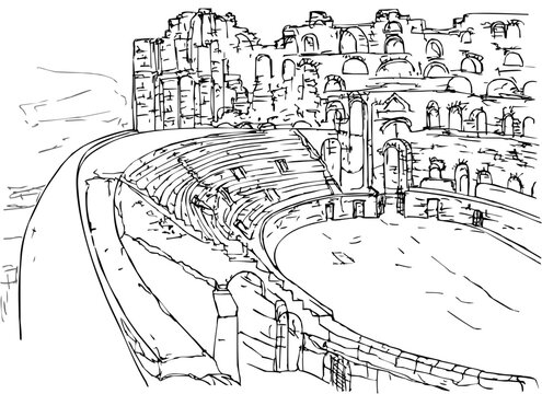 Interior of the Amphitheatre of El Jem is an oval amphitheatre, it is one of the best preserved Roman stone ruins in the world. Ink sketch. El Djem, Tunisia.