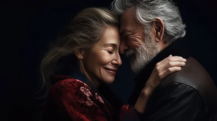 Fotobehang Old senior couple in love hug and embrace with romance together close-up portrait background. Hug Day, St Valentines concept. Happy mature man and woman hugging together. Elderly people in love.. © Oksana Smyshliaeva