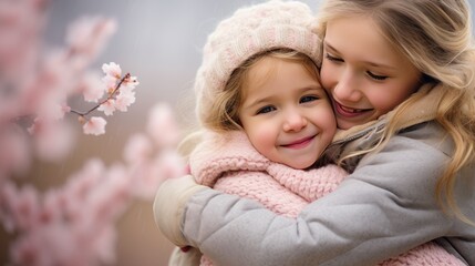 Obraz premium Sisters hugging portrait background. Mother's Hug Day love family parenthood childhood togetherness father’s day concept.
