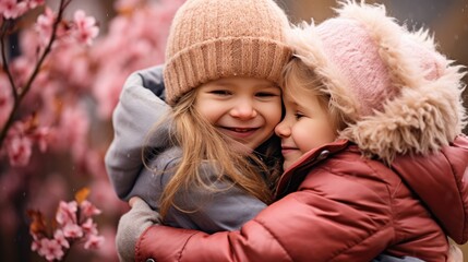 Obraz premium Sisters hugging portrait background. Mother's Hug Day love family parenthood childhood togetherness father’s day concept.