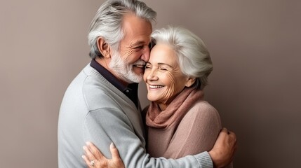 Old senior couple in love hug and embrace with romance together close-up portrait background. Hug Day, St Valentines concept. Happy mature man and woman hugging together. Elderly people in love.. - obrazy, fototapety, plakaty