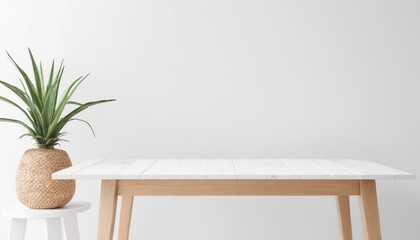 An empty wooden table on a white background