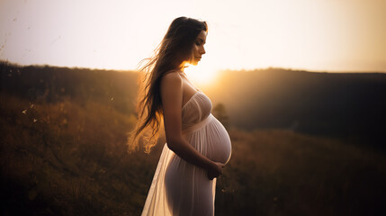 Pregnancy photo with young pregnant woman posing in sheer dress in front of bright sunset - obrazy, fototapety, plakaty