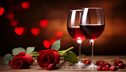 two glasses of red wine and roses