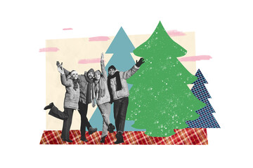 Creative abstract template collage of four people friends family have fun together forest park walk hugging christmas new year x-mas advert