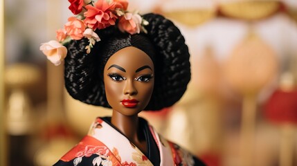 A Close-Up of a Doll with a Flower in Her Hair - obrazy, fototapety, plakaty