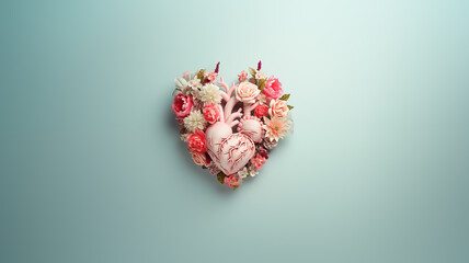 abstract image of a human heart with flowers on a pastel background. copy space. 