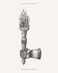 Knight's glove holds a burning torch in an engraving style. Ancient symbol of the Middle Ages on a light background. Vintage vector illustration for history book design or tattoo template.