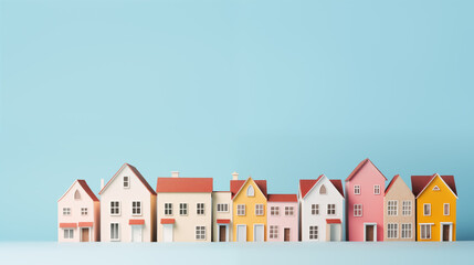houses isolated on pastel blue  background. concept of changing housing, moving, buying a house, real estate, renovation. copy space