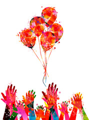 Colorful Bunch of Birthday Balloons Flying for Party and Celebrations and Human Hands Clapping Giving Ovation, Greetings