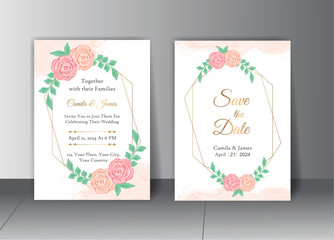 watercolor wedding invitation with roses and leaves, beautiful floral invitation card with white watercolor background vector design