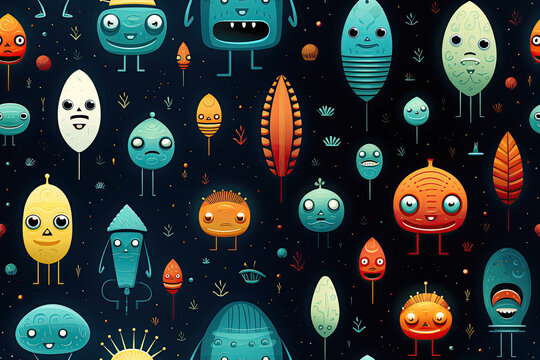 seamless pattern texture with funny cartoon characters multicolored aliens in space on black background