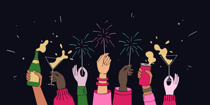 A Web Banner That Shows the Hands of a diverse group Cheering and Celebrating New Year by Playing Sparklers and Drinking Champagne on Confetti Background. Neutral Color