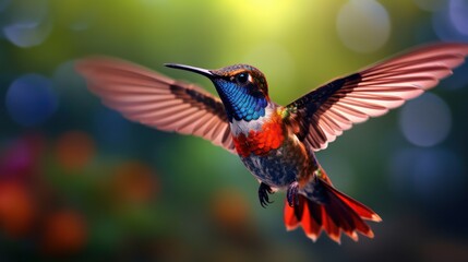 Obraz premium Colorful glossy blue and red metallic hummingbird, photography, bright background, and blurred