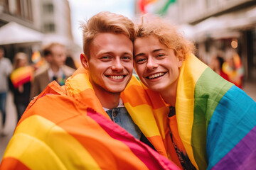 gay couple during pride day with rainbow flag lgbtq+, Generative AI