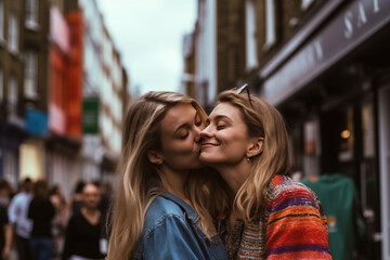 lebsian couple kissing on the street, Generative AI