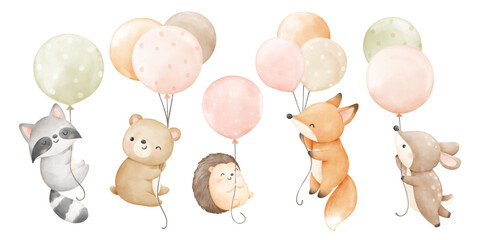 Watercolor forest animal with balloon Nursery kids Birthday Baby shower