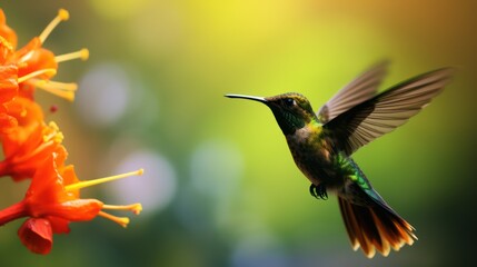 Fototapeta premium colorful glossy green and brown metallic hummingbird, photography, bright background, and blurred