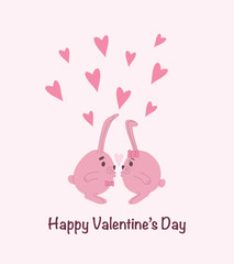 Valentine's day greeting card with two kissing cute bunnies. 