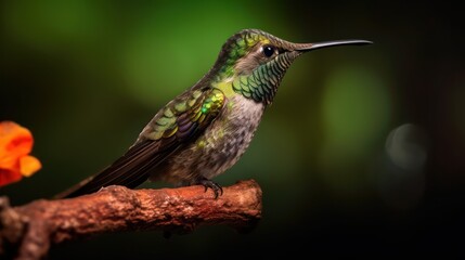 Fototapeta premium colorful glossy green and brown metallic hummingbird, photography, bright background, and blurred