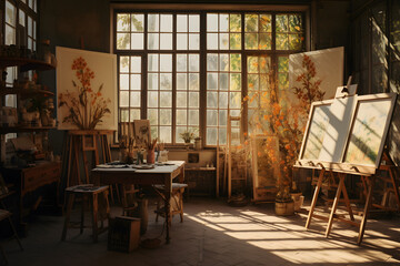 Interior of an artist's painter's studio illustration of a room with a view