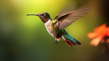 colorful glossy green and brown metallic hummingbird, photography, bright background, and blurred